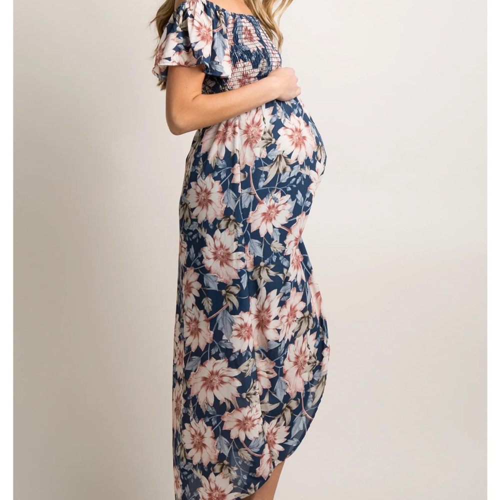 Blue Floral Off Shoulder Smocked Wrap Maternity Dress - Picture 2 of 2